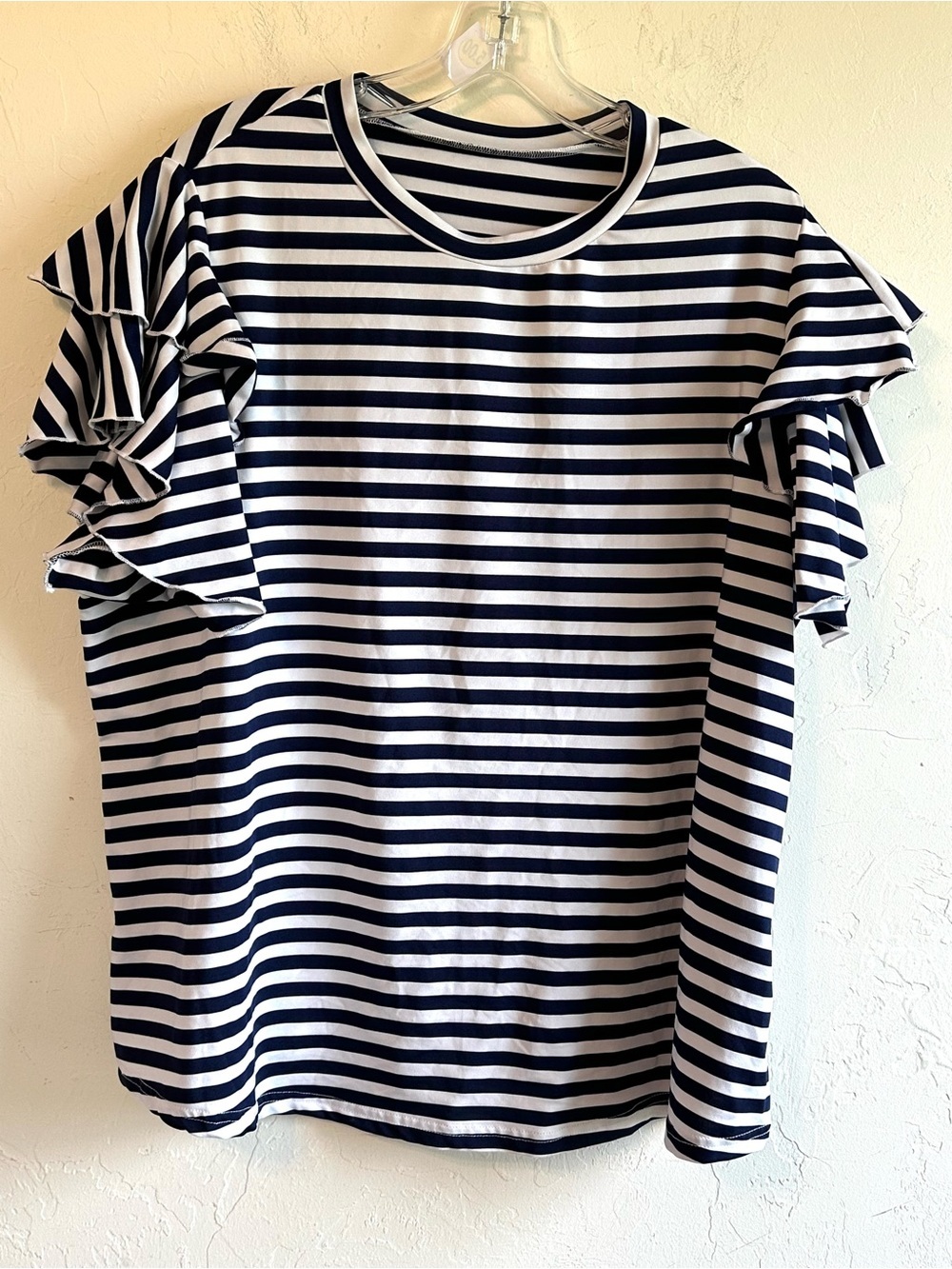 Nautical Navy/White Striped Ruffle Sleeve  Casual Summer Stretchy Top Sz 2X